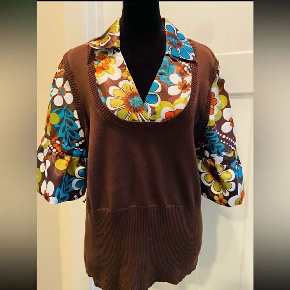 Requirements Brown Floral Women's 3/4 Sleeve Sweater Large GUC Worn Once